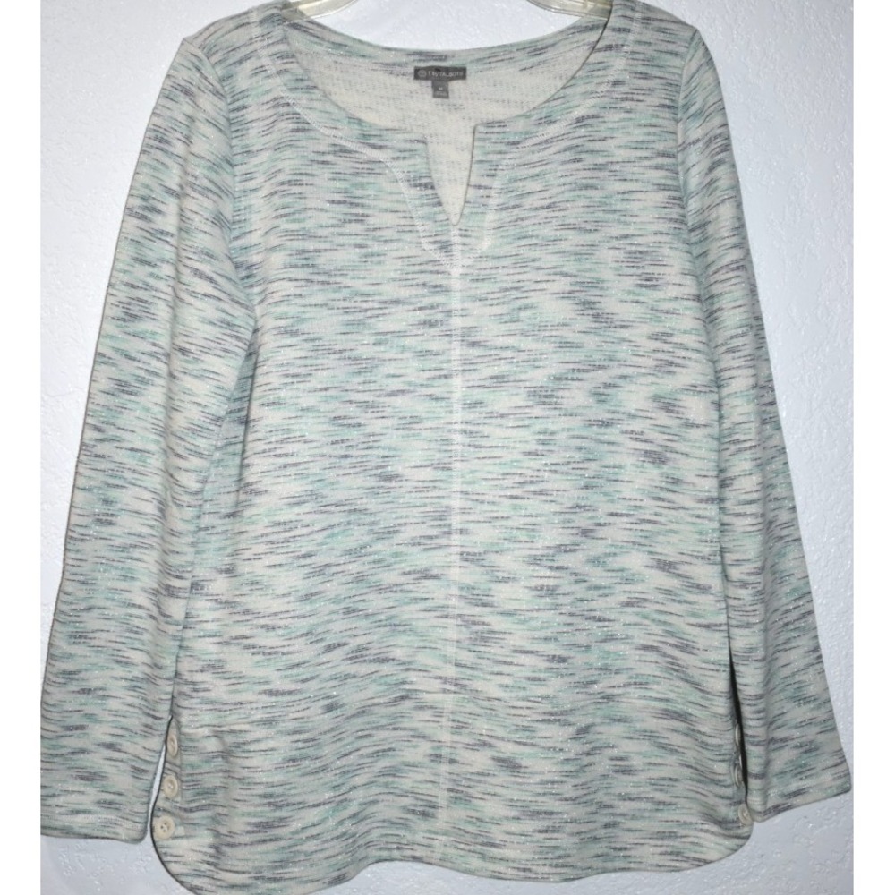 T BY TALBOTS M Terry Sweatshirt Aqua Blue White Space Dye Shimmer 3/4 Sleeve top